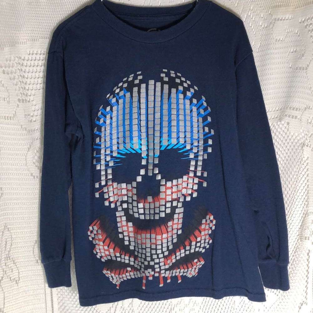 Boys blue long sleeved tee with pixelated skull.
